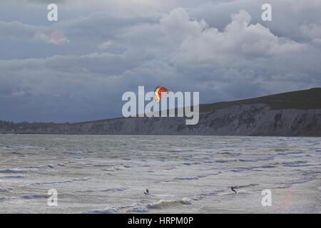Kite surfing at Compton Bay, Isle of Wight Stock Photo