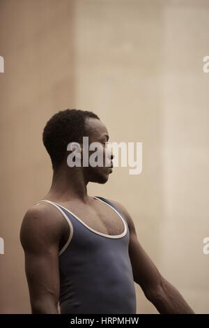 male ballet dancer part of a troupe from English National Ballet at Tate Britain depicting Picasso's Three Dancers Stock Photo