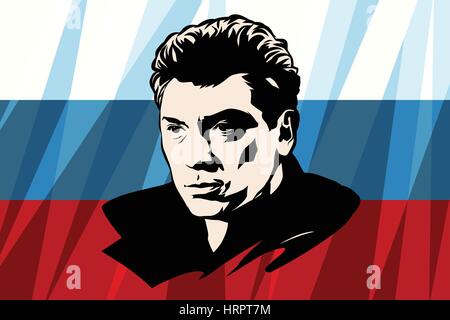 Opposition politician Boris Nemtsov, the Russian flag. Vintage comics cartoons illustration pop art retro vector Stock Vector