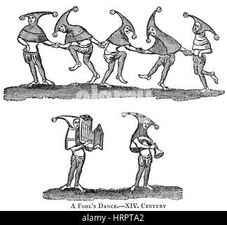 An illustration of a Fool's Dance in the 14th Century scanned at high resolution from a book printed in 1831. Believed copyright free. Stock Photo