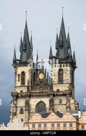 The spires of the Church of Our Lady before Tyn in the Old Town square (Stare Mesto) viewed from the old town hall tower, Prague, Czech Republic Stock Photo