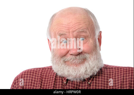 Handsome bald and bearded senior man shows surprised smile grimace or facial expression, isolated on white background Stock Photo