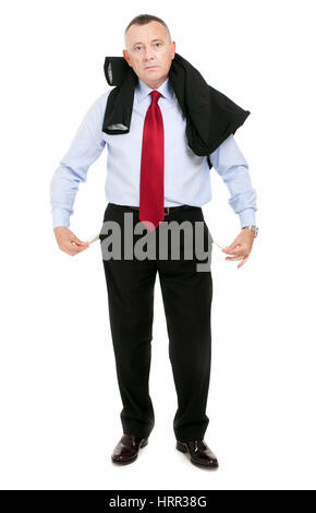 Elder businessman turning out empty pockets isolated on white