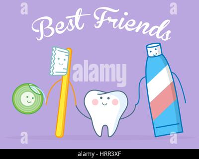Hygiene concept. Toothcare things. Toothpaste floss mouthwash toothbrush tooth. Funny vector illustration. Stock Vector