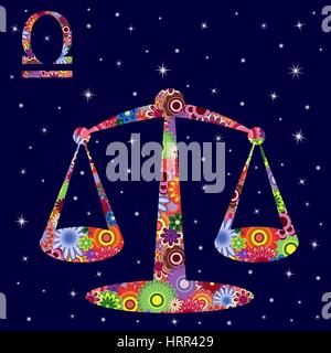 Zodiac sign Libra with colorful flowers fill on a background of the dark blue starry sky, vector illustration