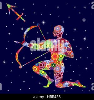 Zodiac sign Sagittarius with colorful flowers fill on a background of the dark blue starry sky, vector illustration
