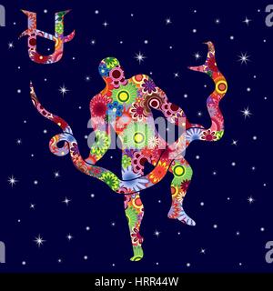 Alternative thirteenth Zodiac sign Ophiuchus with colorful flowers fill on a background of the dark blue starry sky, vector illustration Stock Vector