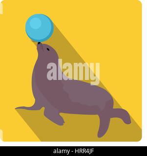 Sea lion with a ball, circus icon flat style with long shadows, isolated on white background. Vector illustration. Stock Vector