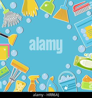 Set of icons for cleaning tools. Cleaning template for text, background. Flat design style. Cleaning design elements. Vector illustration Stock Vector
