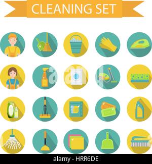 Set of icons for cleaning tools. House cleaning staff. Flat design style. Cleaning design elements. Vector illustration Stock Vector