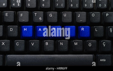 Word "NO" meaning "HAYIR" in Turkish written on a keyboard in a row with blue keys Stock Photo