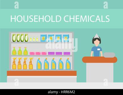 Store household chemicals, cleaning agents, detergents, cosmetics. The department store with household cleaning flat style. Vector illustration Stock Vector