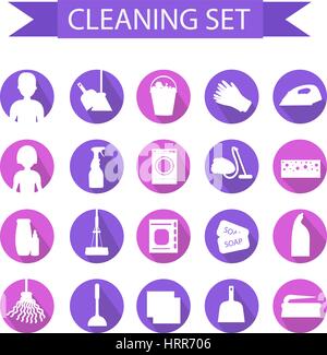 Set of icons for cleaning tools. House cleaning. Cleaning supplies. Flat design style. Cleaning design elements. Vector illustration Stock Vector