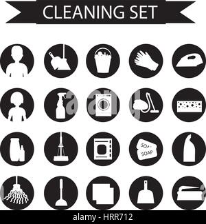 Set of icons for cleaning tools. House cleaning. Cleaning supplies. Flat design style. Cleaning design elements. Vector illustration Stock Vector