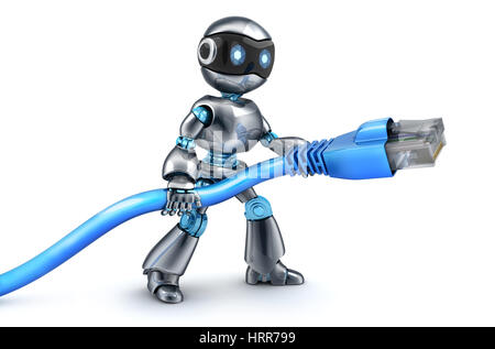 Robot and connect computer cable. 3d illustration Stock Photo