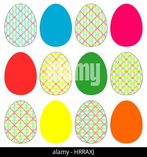 Twelve colorful and plain Easter eggs with stripe patterns for egg hunt. Isolated on white. Stock Vector
