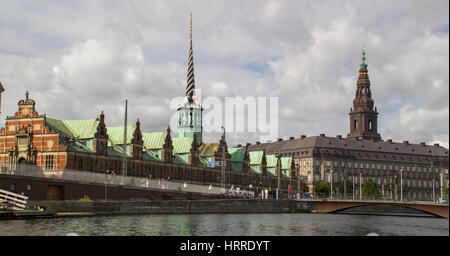 Panoramic view on Christiansborg Palace over the channel in Copenhagen.Denmark