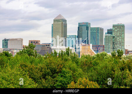 LONDON - AUGUST, 2016: This is close view of Canary Wharf's skyline which is London's main financial district on August 11th, 2016 in London. Stock Photo