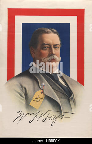 William Howard Taft, Head and Shoulders Portrait against Red, White and Blue Background, 'Good Times' Printed on Label attached to his Coat, U.S. Presidential Election, USA, Chromolithograph, 1908 Stock Photo