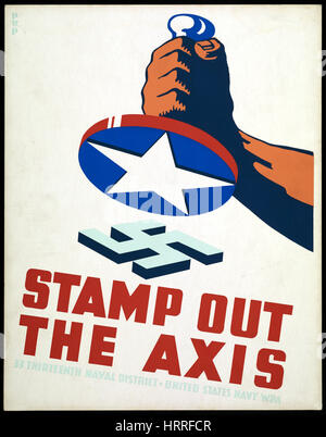 Fist Holding Stamp with American Star Ready to Stamp out Nazi Swastika, 'Stamp out the Axis', World War II Poster, by Phil von Phul, USA, 1941 Stock Photo