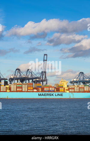 View of a container ship moored at the largest container port in the UK, Felixstowe docks, England. Stock Photo