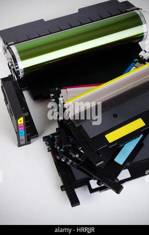 Toner cartridge set for laser printer. Computer supplies on white background. Stock Photo