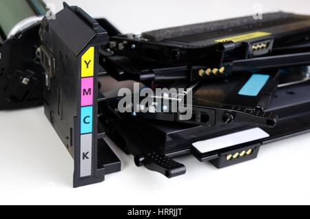 Toner cartridge set for laser printer. Computer supplies on white background. Stock Photo