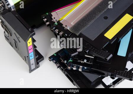 Toner cartridge set for laser printer. Computer supplies on white background. Stock Photo
