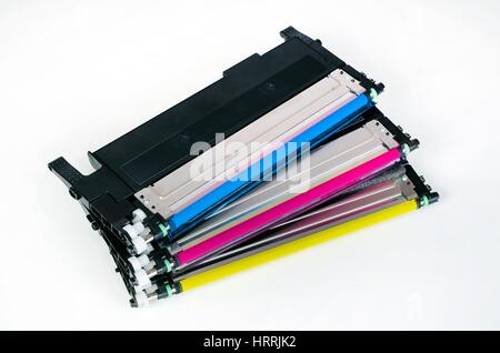 Toner cartridge set for laser printer. Computer supplies on white background. Stock Photo