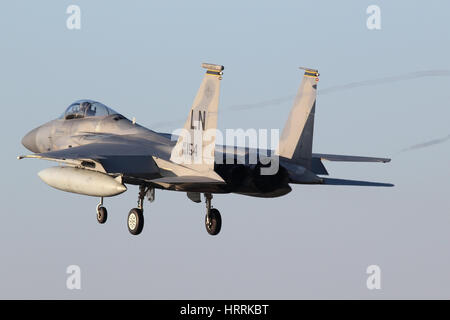 F-15C Eagles from the 493rd Fighter Squadron, the 'Grim Reapers' streaming wingtip vortices during recovery at RAF Lakenheath over Christmas. Stock Photo