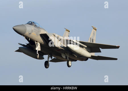 Lakenheath based F-15C from the 493rd Fighter Squadron landing in some clear winter sunshine during Christmas flying. Stock Photo