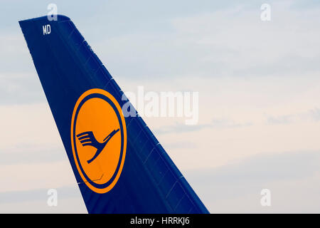 Sofia, Bulgaria - October 16, 2016: Largest passenger aircraft Airbus A380 tail wing is seen on Sofia's airport track after landing. Lufthansa logo. Stock Photo