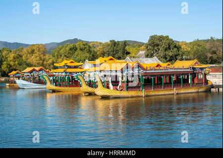 Dragon boats parked in Kunming lake, Summer Palace of Beijing Stock Photo