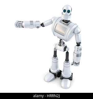 Robot showing an invisible object. Isolated on white. Contains clipping path Stock Photo