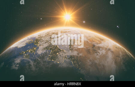 orange Sunrise over earth as seen from space. With moon and stars ...