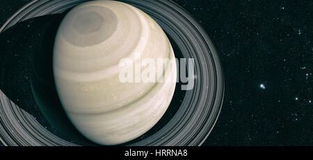 planet Saturn along with its satellites in space, close-up 3D rendering Stock Photo