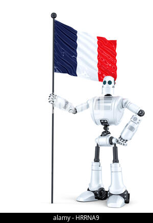 Android Robot standing with flag of France. Isolated on white. Contains clipping path Stock Photo