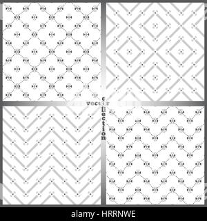 Seamless pattern. Collection of four classical original textures. Regularly repeating geometrical elements, shapes, dotted lines, dots, arc, circles,  Stock Vector