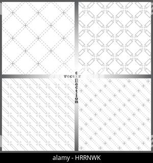 Seamless pattern. Collection of four elegant linear textures. Regularly repeating geometrical elements, dashed lines, circles, arcs. Backdrop. Web. Ve Stock Vector