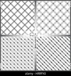 Seamless pattern. Set of four simple modern textures. Regularly repeating geometrical elements, shapes, rhombuses, dashed lines, squares. Backdrop. We Stock Vector