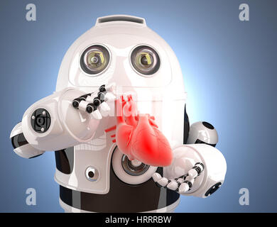 Robot with human heart in the hands. Technology concept. Contains clipping path. Stock Photo