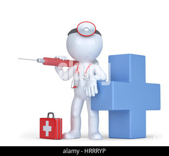 3d Doctor with a syringe and stethoscope. Isolated on white. Contains clipping path Stock Photo