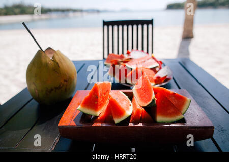 juicy watermelon and coconut milk  vitamin vegatarian breakfast collection in tropical resort Stock Photo