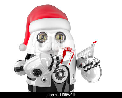 Robot Santa with shopping cart and gift box. Isolated on white. Contains clipping path Stock Photo