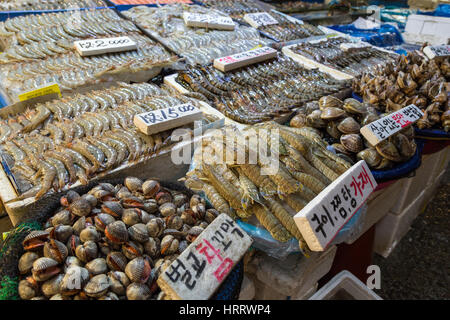 Clams, shrimps and other seafood being sold at the Noryangjin Fisheries Wholesale Market (or Noryangjin Fish Market) in Seoul, South Korea. Stock Photo