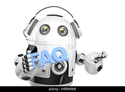 Robot holding FAQs sign. Isolated on white. Contains clipping path Stock Photo