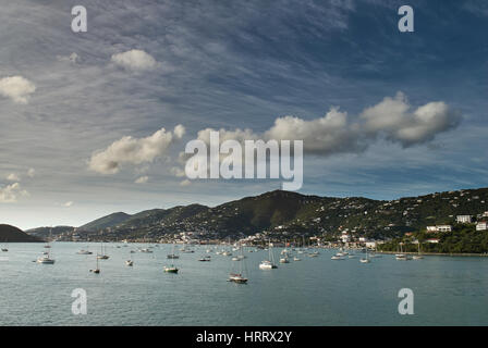 Panorama of virgin islands bay. Yacht staying on bay with cloudy blue sky Stock Photo