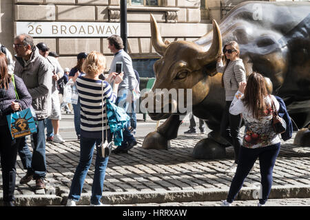 Tourists at Charging Bull Sculpture at Bowling Green Park, NYC Stock Photo