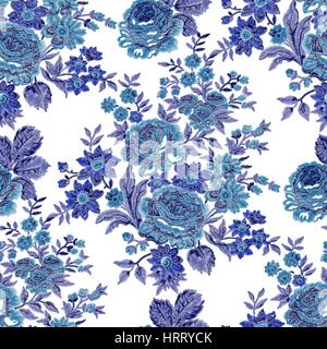 Seamless embroidered floral pattern. Luxurious roses, vintage blue tones. Stock Vector