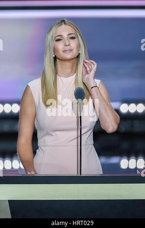 Ivanka Trump, daughter of GOP Presidential candidate Donald Trump introduces her father for his nomination for president on the final day of the Republican National Convention July 21, 2016 in Cleveland, Ohio. Stock Photo